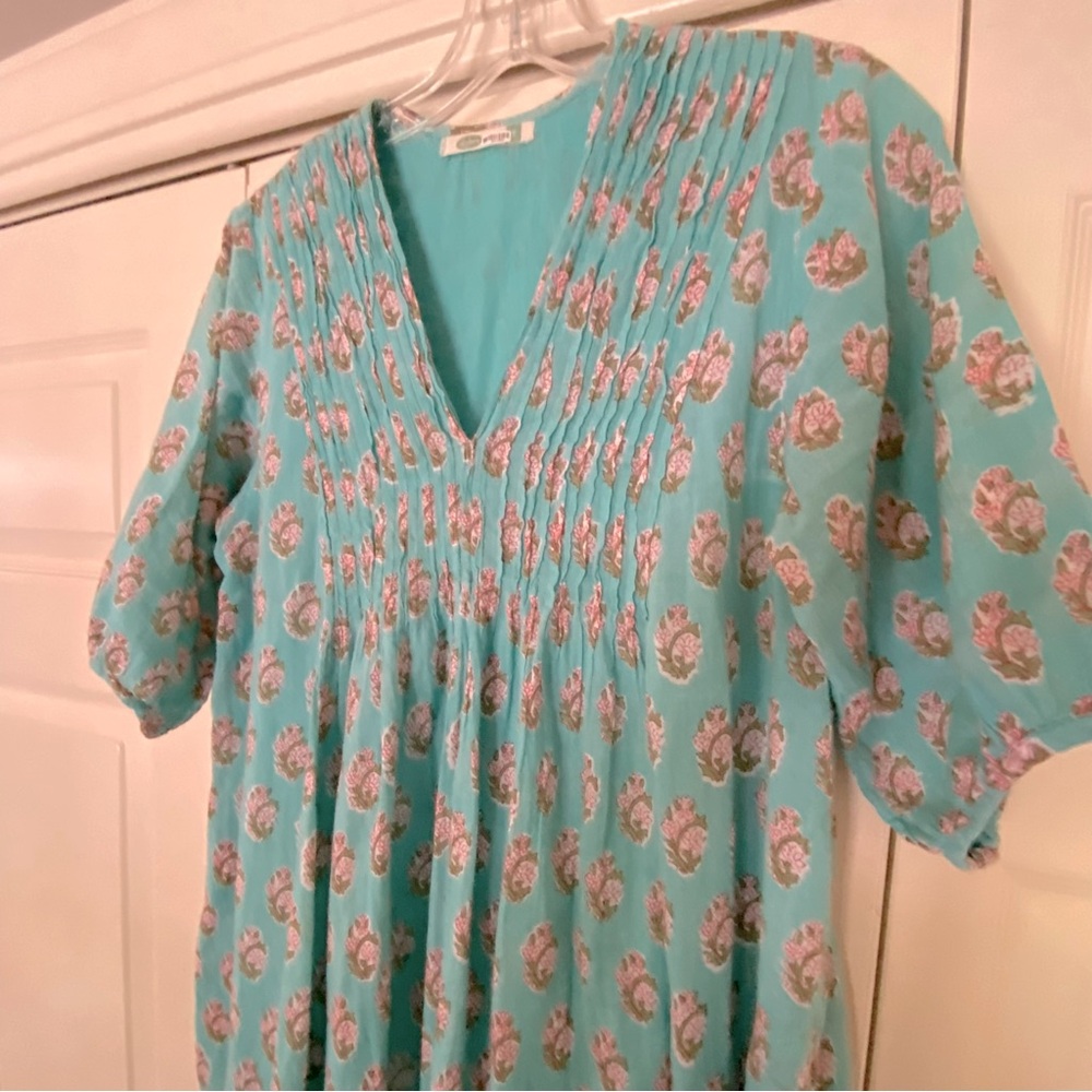 Dolma Floral Aqua Cotton Midi V neck Dress EUC - Picture 4 of 11